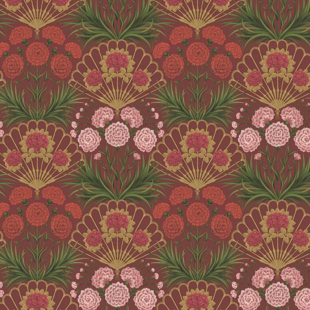 Flamenco Fan Wallpaper - Rose Bright & Metallic Gold on Crimson