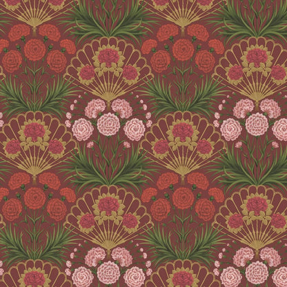 Flamenco Fan Wallpaper - Rose Bright & Metallic Gold on Crimson