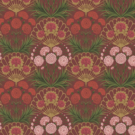 Flamenco Fan Wallpaper - Rose Bright & Metallic Gold on Crimson