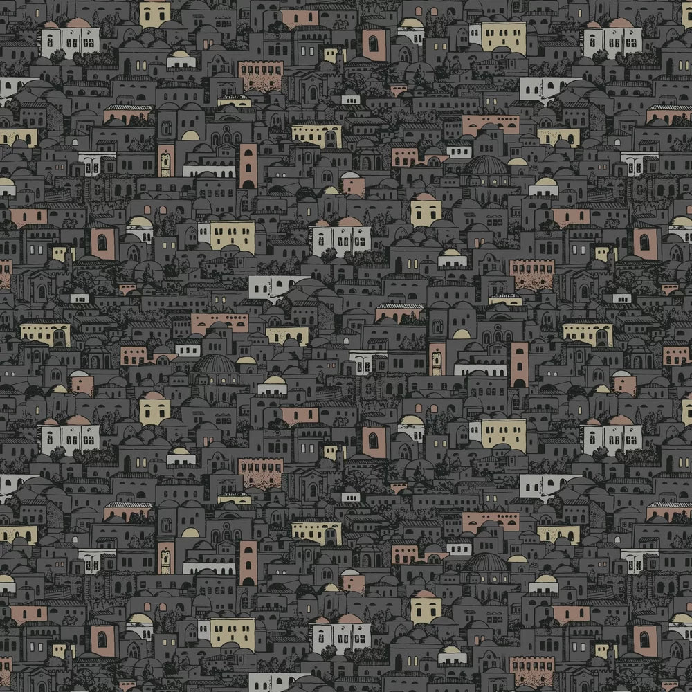 Sample - Mediterranea - Cityscape Wallpaper - Charcoal/Metallics