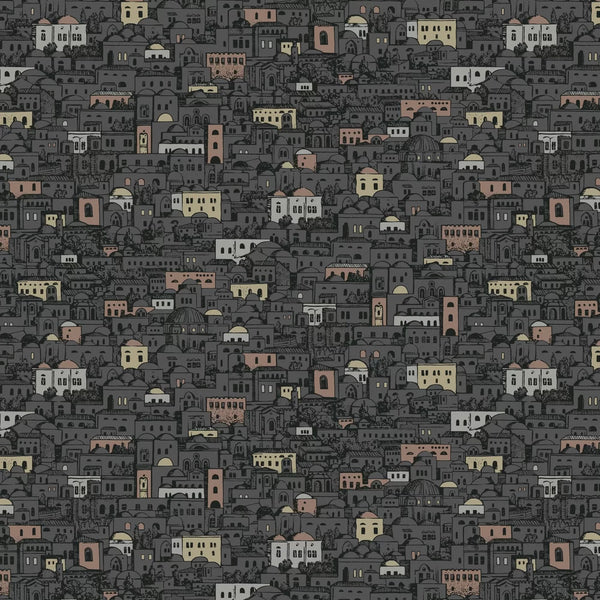 Sample - Mediterranea - Cityscape Wallpaper - Charcoal/Metallics