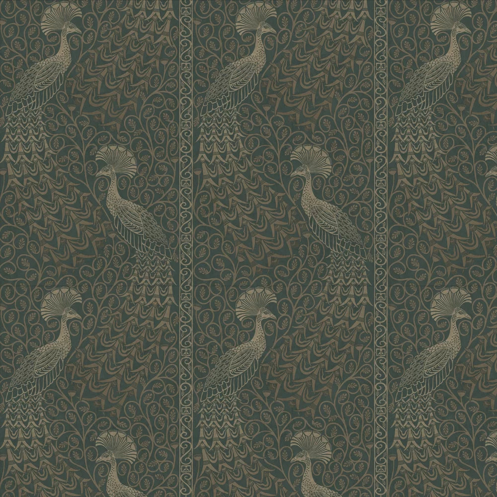 Pavo Parade Peacock Wallpaper - Metallic Gilver/Green