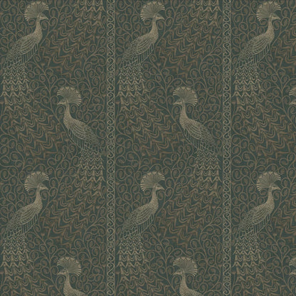 Pavo Parade Peacock Wallpaper - Metallic Gilver/Green