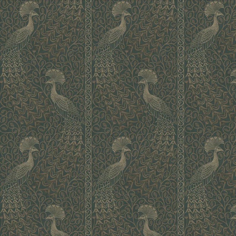 Pavo Parade Peacock Wallpaper - Metallic Gilver/Green