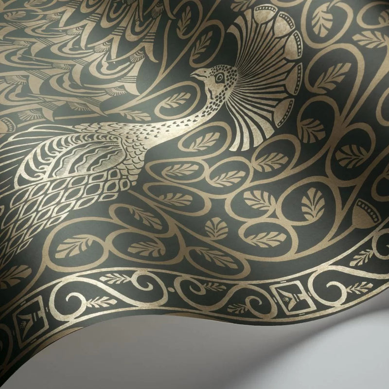 Pavo Parade Peacock Wallpaper - Metallic Gilver/Green