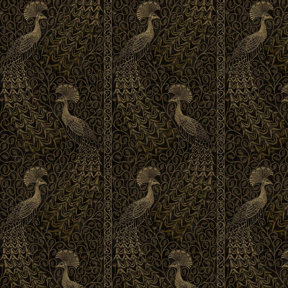 Pavo Parade Peacock Wallpaper - Metallic Gold/Soot