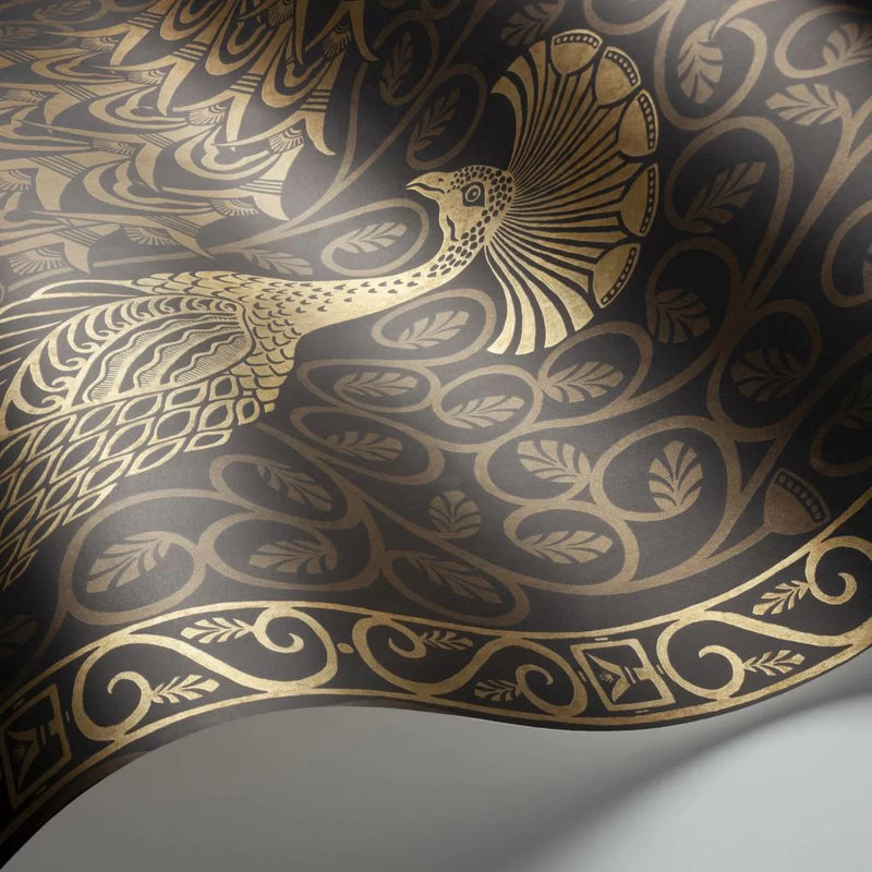 Pavo Parade Peacock Wallpaper - Metallic Gold/Soot