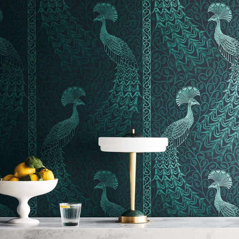 Pavo Parade Peacock Wallpaper - Metallic Petrol/Ink