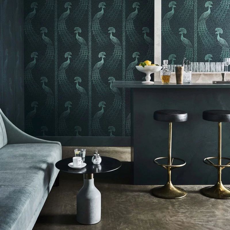 Pavo Parade Peacock Wallpaper - Metallic Petrol/Ink