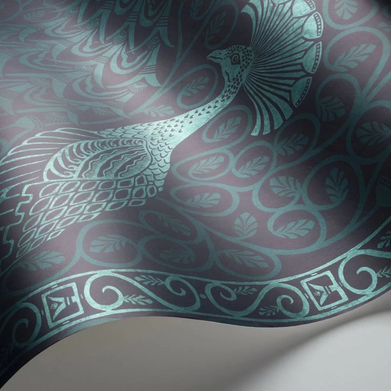 Pavo Parade Peacock Wallpaper - Metallic Petrol/Ink
