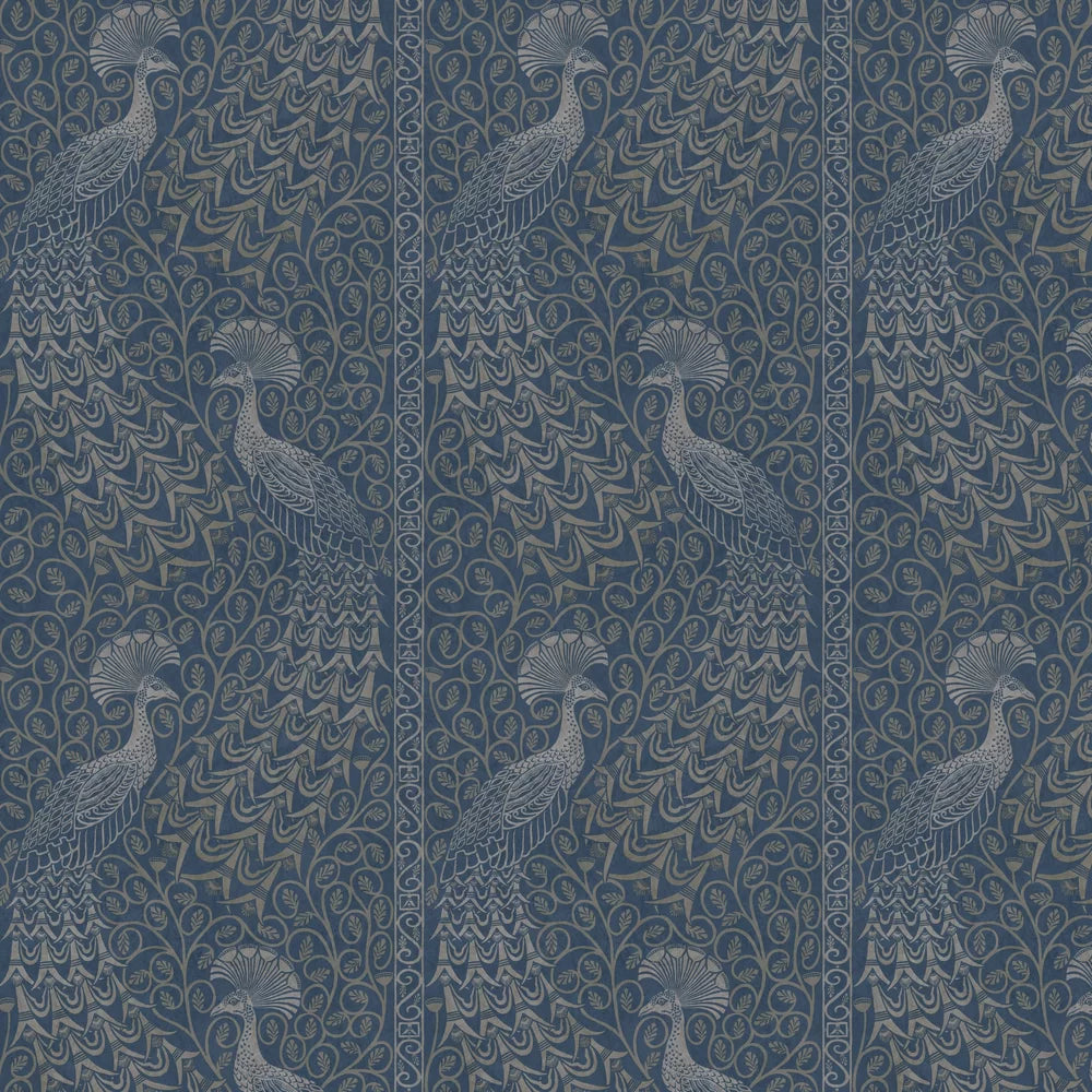 Pavo Parade Peacock Wallpaper - Metallic Silver/Denim