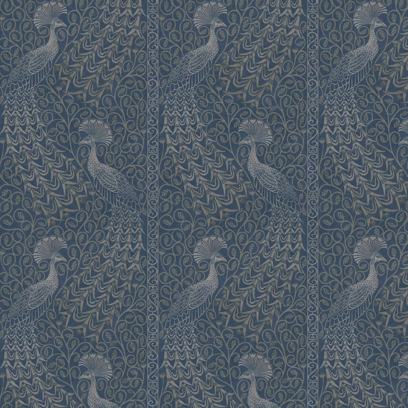 Pavo Parade Peacock Wallpaper - Metallic Silver/Denim