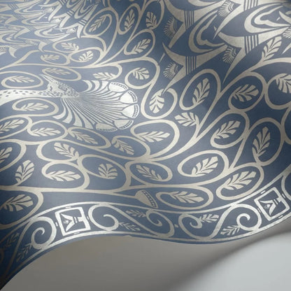 Pavo Parade Peacock Wallpaper - Metallic Silver/Denim