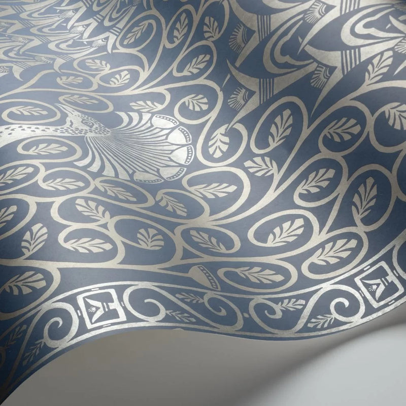 Pavo Parade Peacock Wallpaper - Metallic Silver/Denim