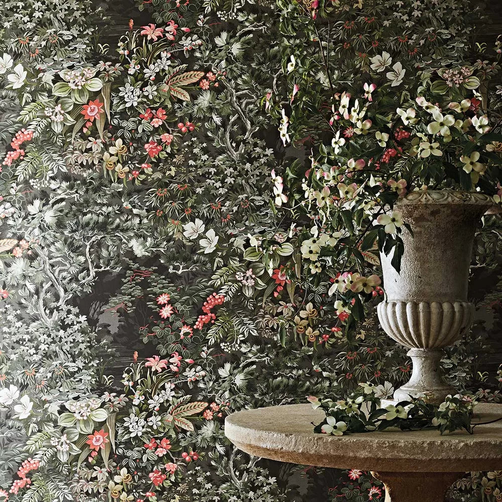 Woodland Wallpaper - Coral/Olive/Charcoal