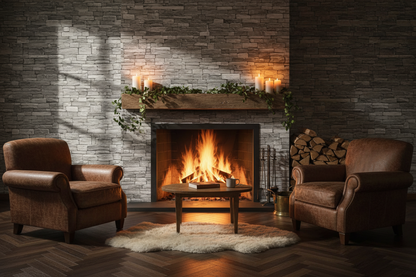 Cosy fire scene with Stone Works Smooth Wallpaper Light