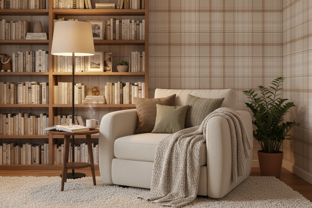 Cozy reading nook with Kirkham Check orange plaid wallpaper