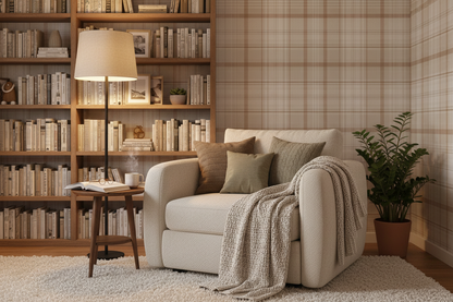 Cozy reading nook with Kirkham Check orange plaid wallpaper