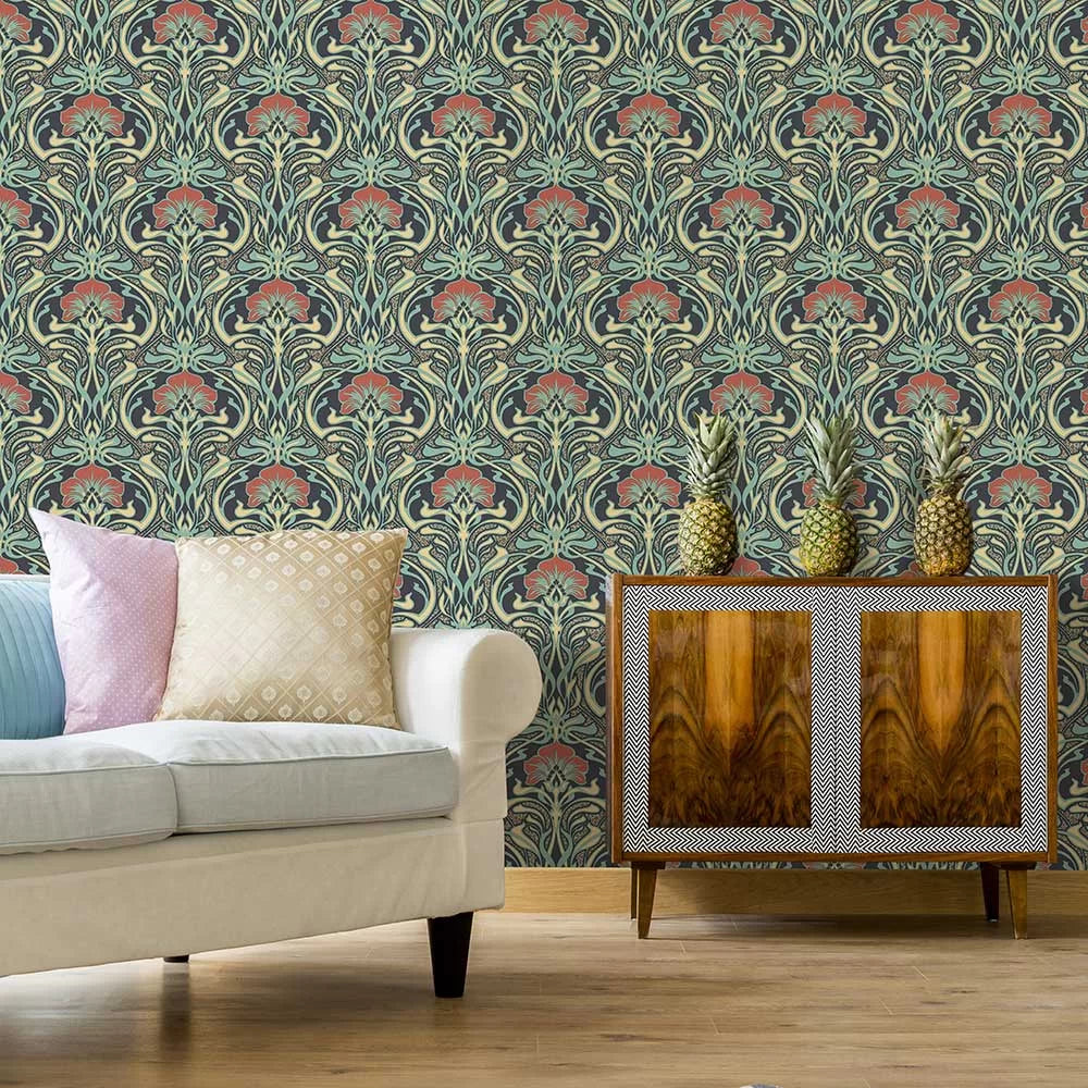 Flora Art Deco Wallpaper - Peacock Green