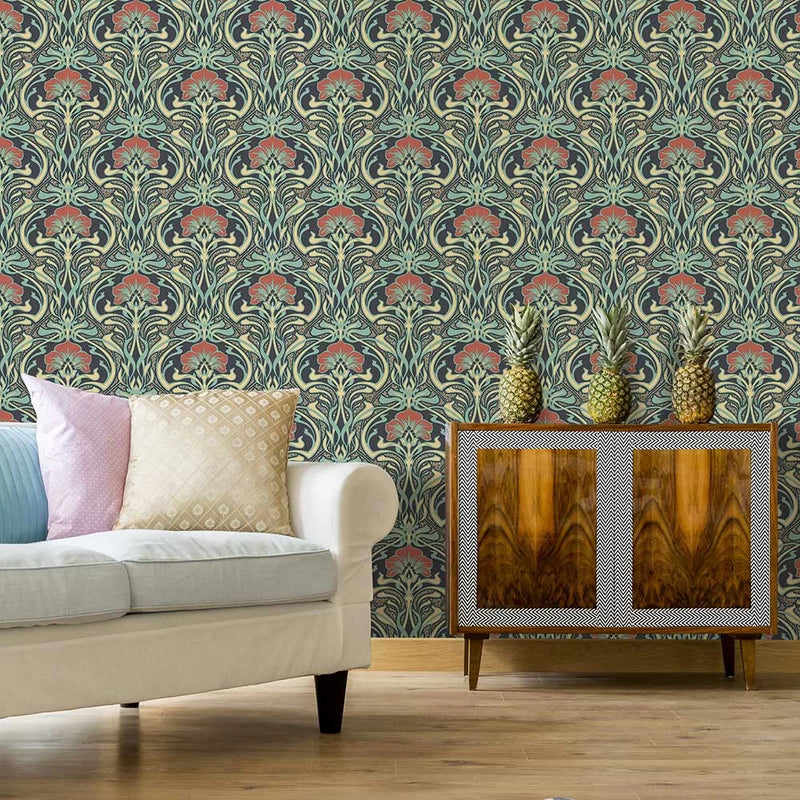 Flora Art Deco Wallpaper - Peacock Green
