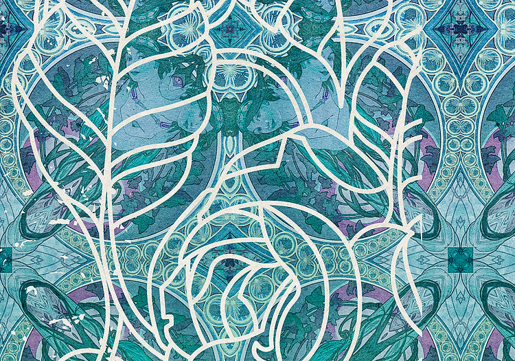Renaissance Bloom - Blue Teal - Custom Sized Wallpaper Mural (per m2)