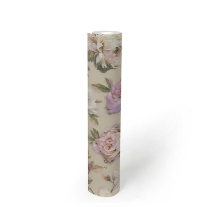 Watercolour Rose Wallpaper - White, Purple & Taupe