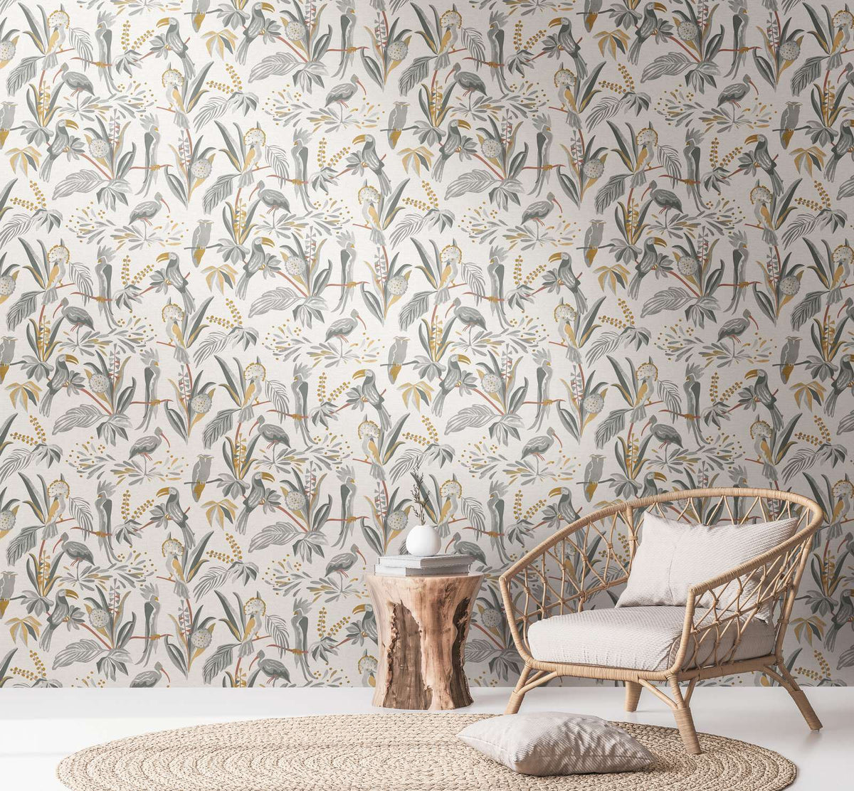 Jungle Birds Vinyl Wallpaper - White/Grey