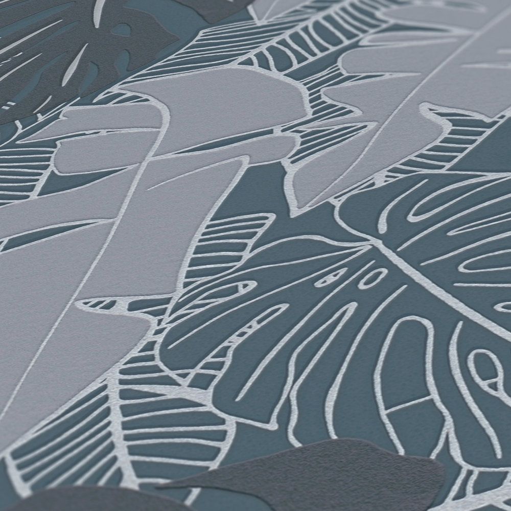 Metallic Monstera Fronds Wallpaper - House of Turnowsky - Blue