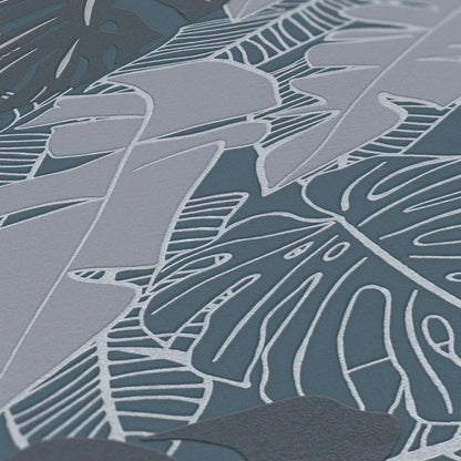 Metallic Monstera Fronds Wallpaper - House of Turnowsky - Blue