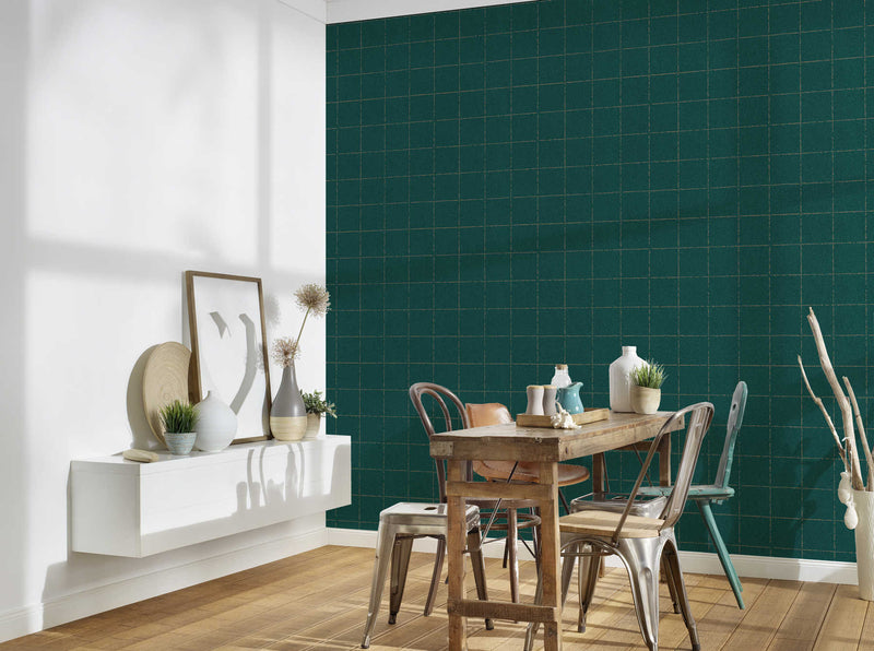 Plaid wallpaper with textile effect - Green/Gold