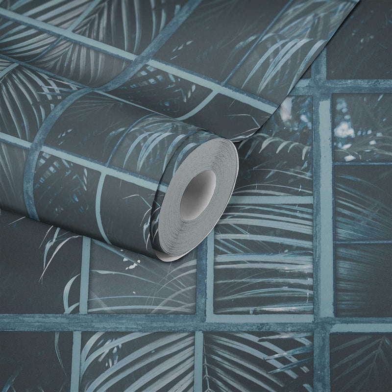Palm Leaf Mosaic Wallpaper - Blue