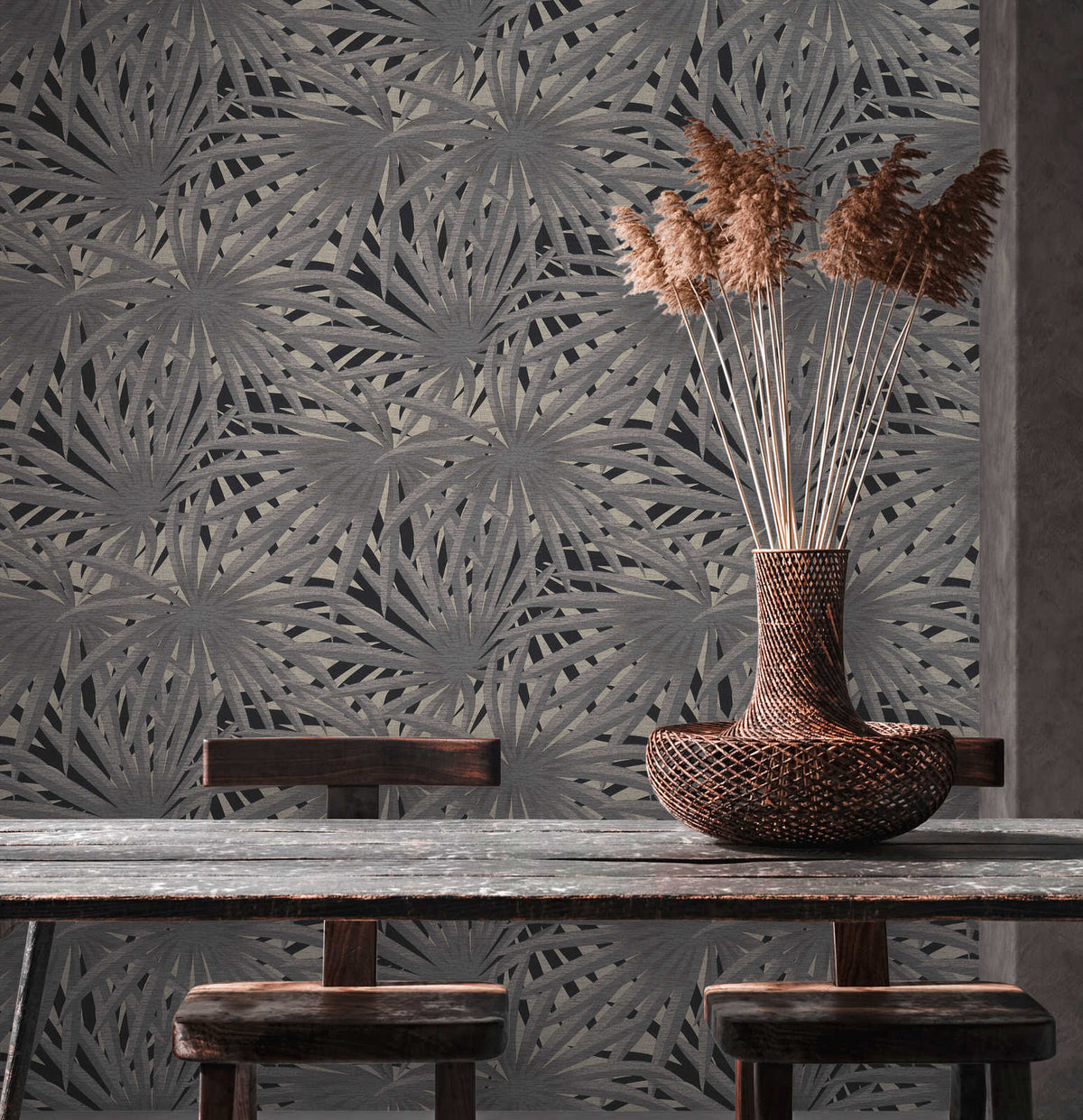 Marrakech Palms Wallpaper - Grey/Metallic Silver/Black