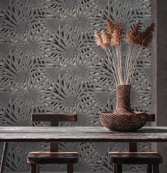 Marrakech Palms Wallpaper - Grey/Metallic Silver/Black
