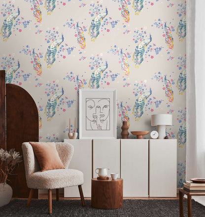 Majestic Peacock & Blossom Wallpaper - House of Turnowsky - Grey/Green