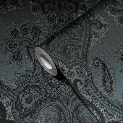 Damask Wallpaper - Black Silver - EXTRA WIDE