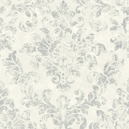 Baroque Damask Wallpaper - Grey + White