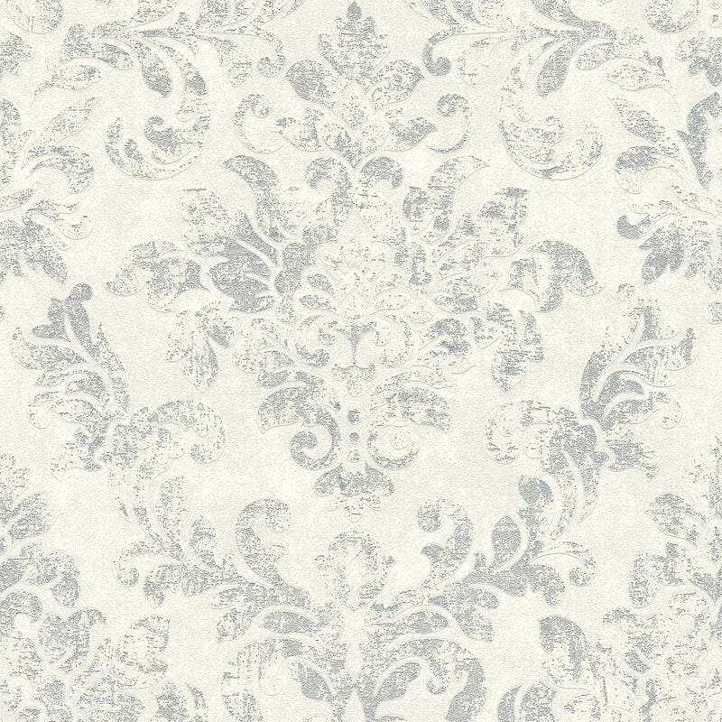 Sample - Baroque Damask Wallpaper - Grey + White