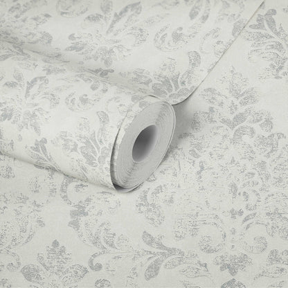 Baroque Damask Wallpaper - Grey + White
