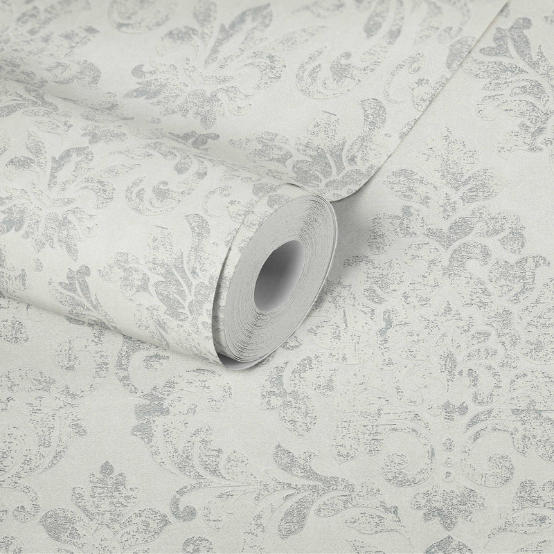 Baroque Damask Wallpaper - Grey + White