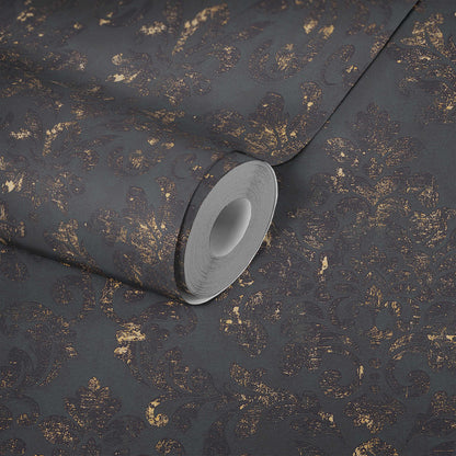 Baroque Damask Wallpaper - Black + Gold