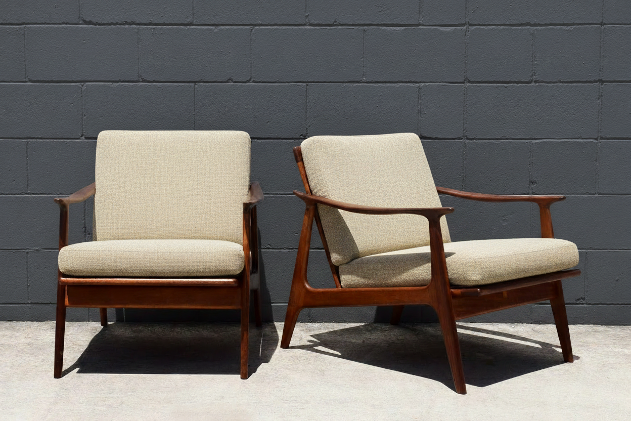 Danish armchairs in Ovis Ecru with dark charcoal brick wall