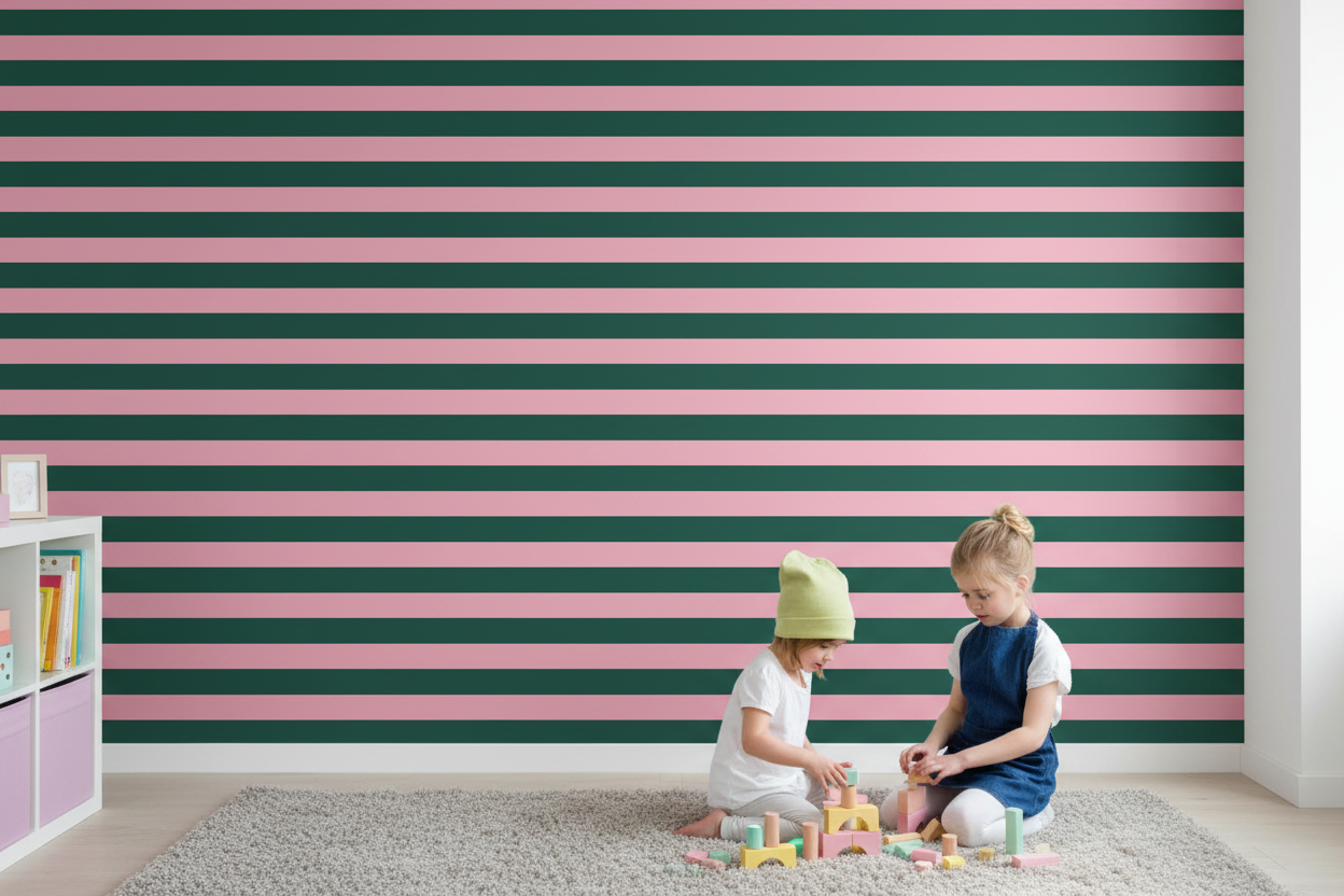 Dark green and pink horizontal striped wallpaper for girls bedroom