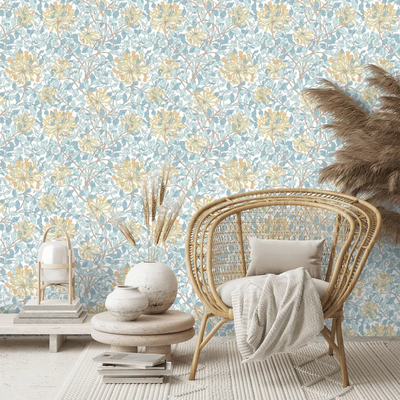 Honeysuckle Leaf Trail Wallpaper - Ohpopsi - Soft Blue