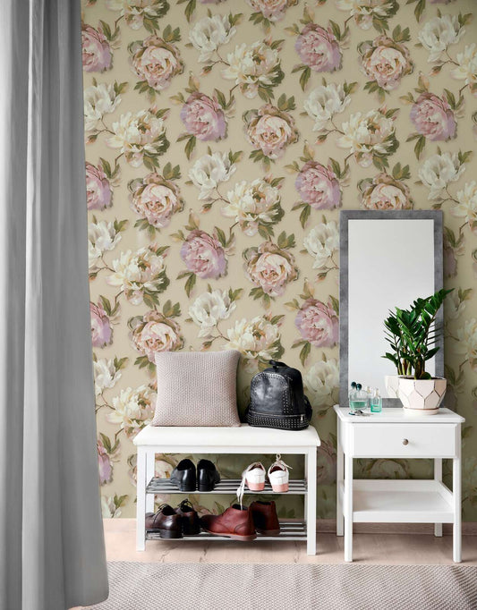 Watercolour Rose Wallpaper - White, Purple & Taupe