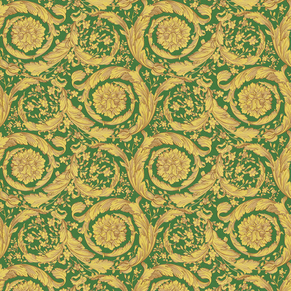 Sample - Versace Floral Garland Wallpaper - Green/Gold