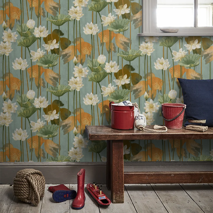 Lagoon Lily Goldfish Wallpaper - Teal
