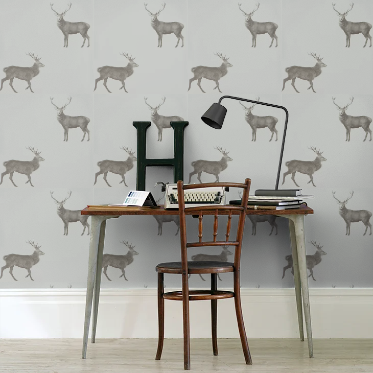 Evesham Deer Wallpaper - Silver Grey