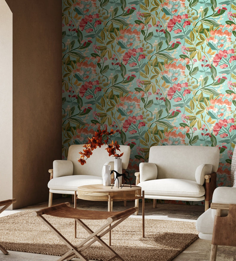Florence Floral Riot Wallpaper - Ginger/Duckegg