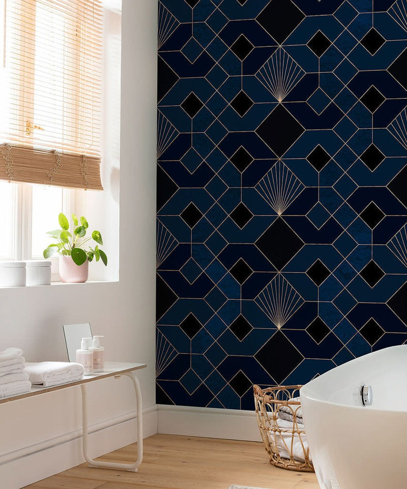 Deco Obsidian - Blue - Custom Sized Wallpaper Mural (per m2)