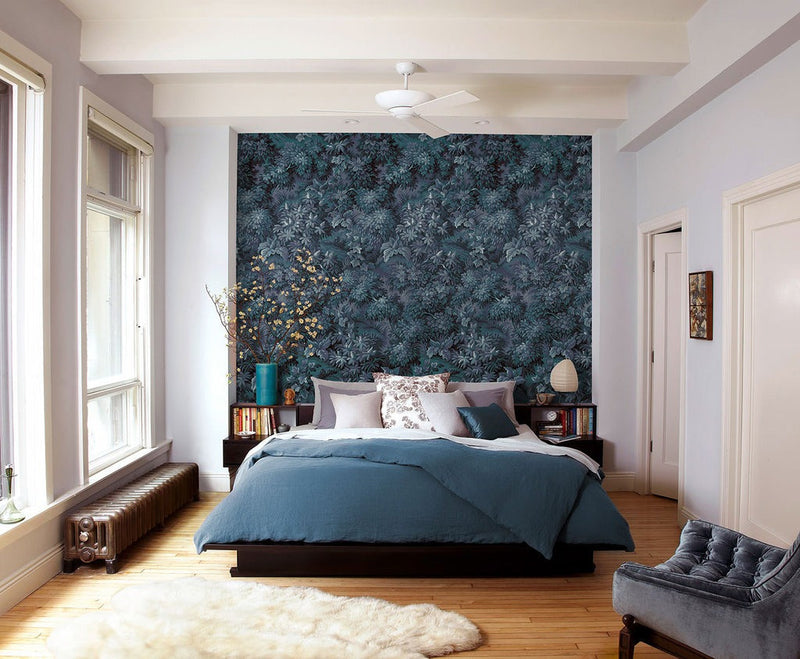 Verdant Grove - Midnight Blue - Custom Sized Wallpaper Mural (per m2)